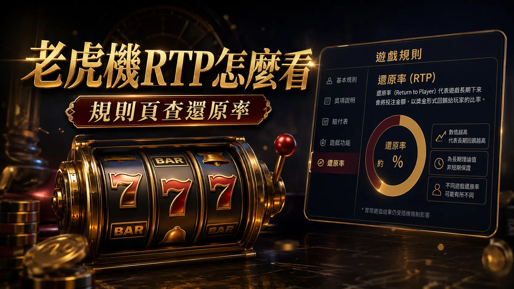 老虎機遊戲規則頁面顯示還原率數字的畫面